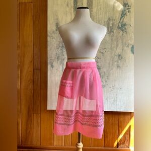 Vintage Handmade Pink & White Embroidered Sheer Polkadot Apron with Pocket!
